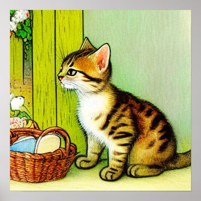 Vintage Tabby katt Illustration Poster (Framsidan)