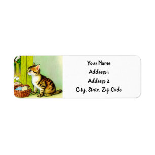Vintage Tabby katt Illustration Returadress Etikett