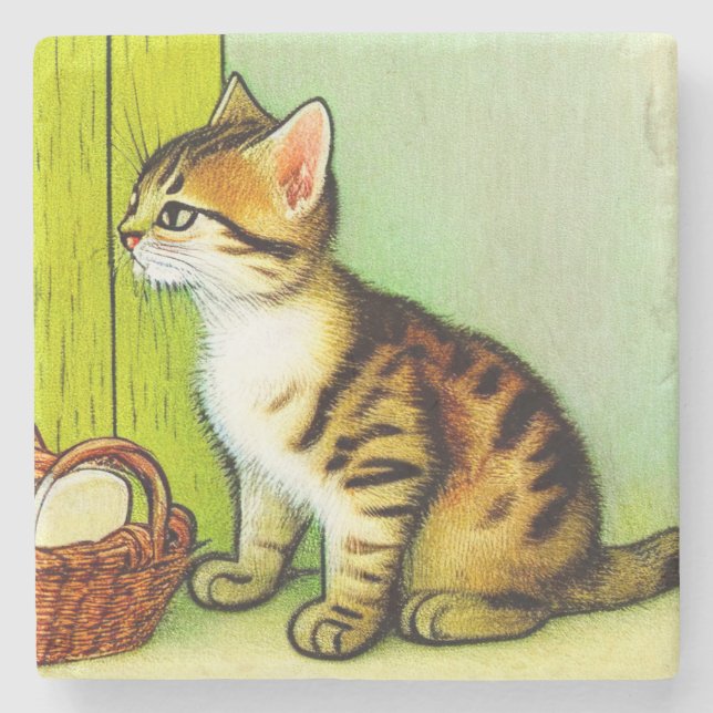 Vintage Tabby katt Illustration Stenunderlägg (Framsidan)