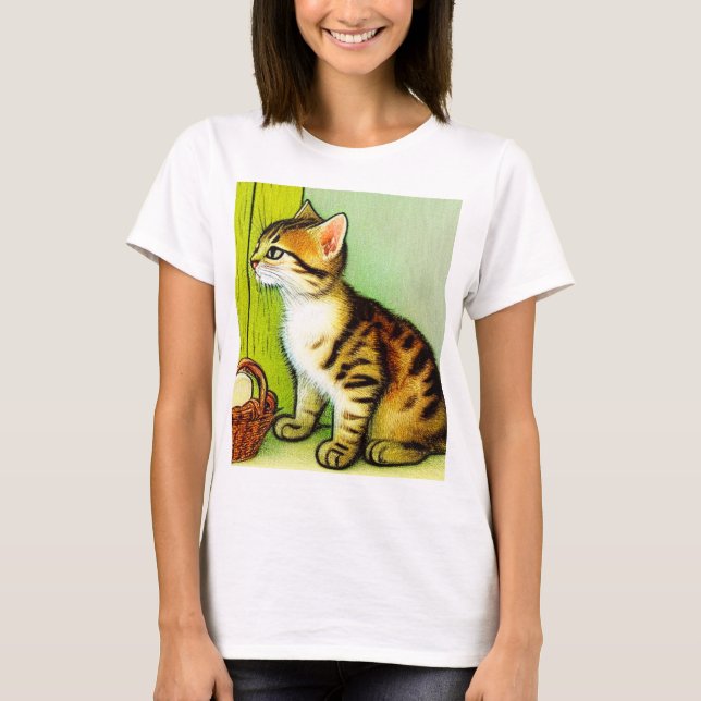 Vintage Tabby katt Illustration T Shirt (Framsida)