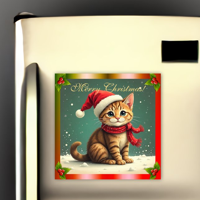 Vintage Tabby Kitten Christmas Card Magnet (Skapare uppladdad)