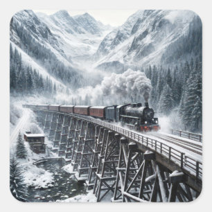 Vintage Tåg på ett bergslätter Fyrkantigt Klistermärke