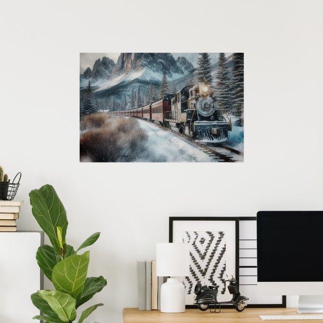 Vintage tåg på vinterspår med berg poster (Hemmakontoret)