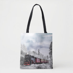 Vintage Tåg som reser genom Winter Wonderland Tygkasse