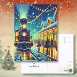 Vintage Tåg Station om jul, Kväll personaliseras Vykort<br><div class="desc">Ett gammalmodigt tåg station i jul Kväll med folk som kommer och försöker ta sig hem. Vintagens reflexer. När snö faller på denna magiska kväll önskar jag er allt gott och tydligt. Ett helgdag-vykort med söt personlig till ge är en varm och mysigt vibe.</div>