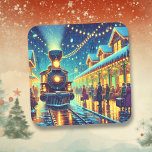 Vintage Tåg Station om julnatten Kväll Snowy Natt Fyrkantigt Klistermärke<br><div class="desc">Ett gammalmodigt tåg station i jul Kväll med folk som kommer och försöker ta sig hem. Vintagens reflexer.</div>