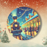 Vintage Tåg Station om julnatten Kväll Snowy Natt Runt Klistermärke<br><div class="desc">Ett gammalmodigt tåg station i jul Kväll med folk som kommer och försöker ta sig hem. Vintagens reflexer.</div>