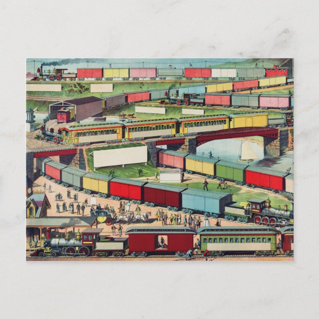 Vintage Tåg Station Teckning Vykort (Framsida)