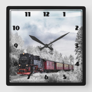 Vintage Tåg vinterjulscen Fyrkantig Klocka
