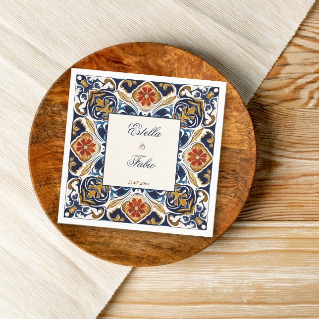 Vintage Talavera Azulejo-blå plattor bröllop Pappersservett (Vintage Talavera Azulejo blue tiles monogram personalized wedding Napkins reception decor)