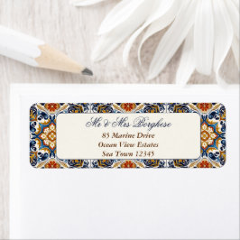 Vintage Talavera Azulejo-blå plattor bröllop Returadress Etikett