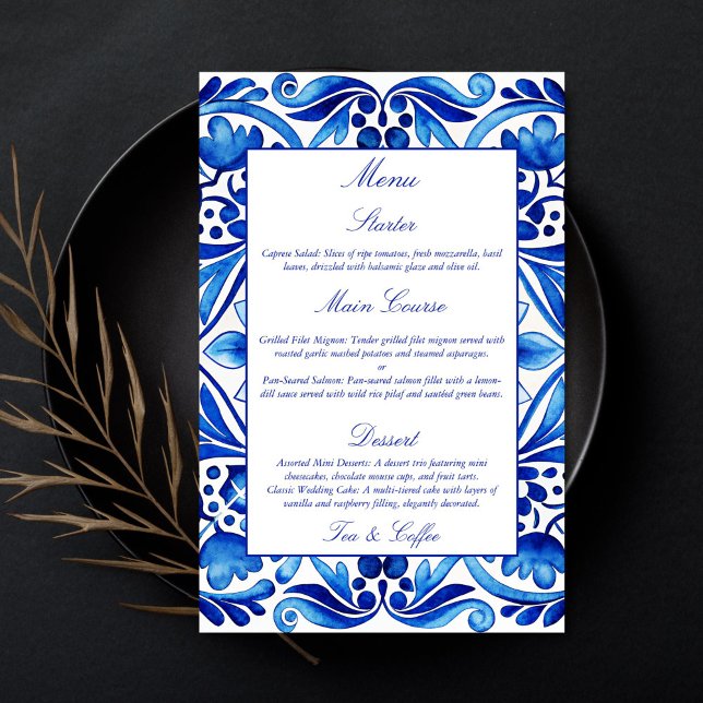 Vintage Talavera Azulejo-blåmeny i Medelhavet (Vintage Talavera Azulejo Mediterranean blue menu)