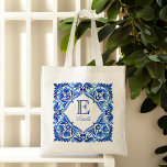 Vintage Talavera Azulejo Blue tile monogramme Tygkasse<br><div class="desc">Vintage Talavera Azulejo Mediterranean blue and white tiles monogrammed tote bag bridesmaids gifts brudens sida föredrar gåvor till henne</div>