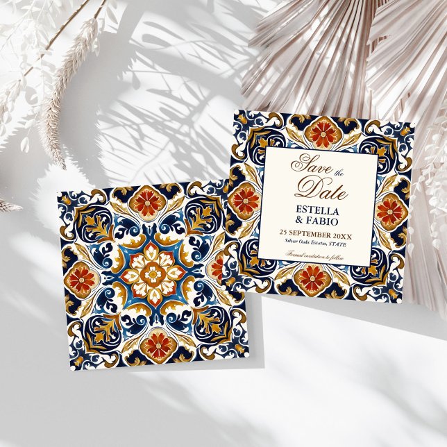 Vintage Talavera Azulejo bröllop Spara Datumet (Vintage Talavera Azulejo blue tiles Mediterranean Spanish wedding Save The Date cards)