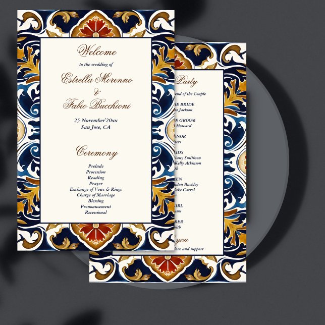 Vintage Talavera Azulejo Mexikanska bröllopsprogra (Vintage Talavera Azulejo blue tiles Mexican wedding program wedding day stationery)
