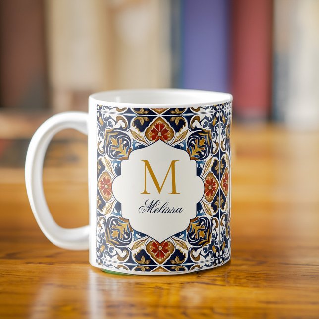 Vintage Talavera bridesmaids-gåvor mongrammet Kaffemugg (Vintage Talavera azulejo tiles personalized bridesmaids gifts mongrammed Coffee Mug gifts for her)
