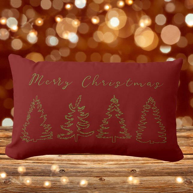 Vintage Tall Rustikt Rött Jul Lumbarkudde (Merry Christmas, Vintage Pine Tree Rustic Red Lumbar Pillow)