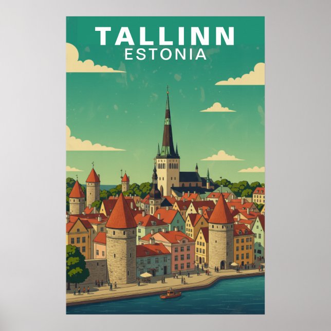 Vintage Tallinn Estland Medeltida Stad Resa Poster (Framsidan)