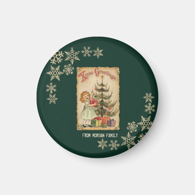 Vintage tallrik med julgran, presenter, liten flic magnet (Framsidan)