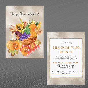 Vintage Tan Basket Vegetables Blommigt Thanksgivin Inbjudningar