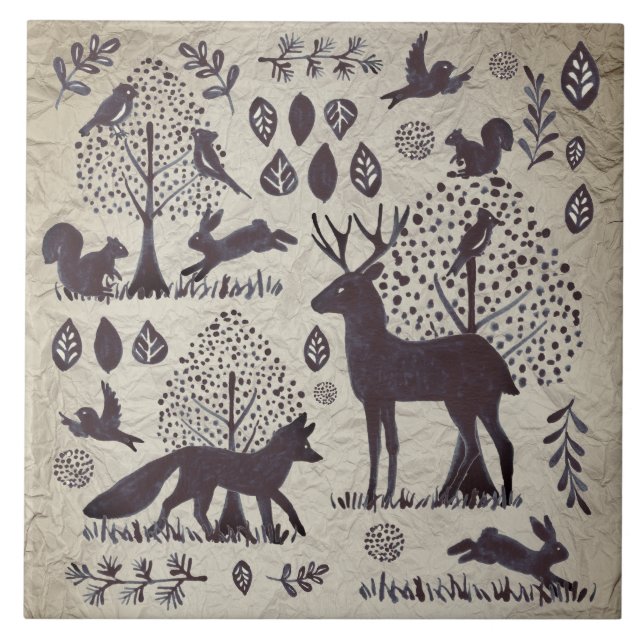 Vintage Tan Grått Woodland Animal Fox Rabbit Kakelplatta (Framsidan)