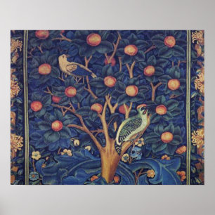 Vintage Tapestry Birds Blommigt Design Woodpecker Poster