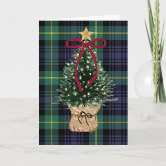 Vintage, Tartan julkort med julgran Helgkort (Framsida)