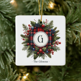 Vintage Tartan Monogram Foto Högtid Julgransprydnad Keramik