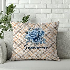 Vintage tartan vattenfärg ro beige blue namn kudde