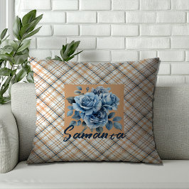 Vintage tartan vattenfärg ro beige blue namn kudde