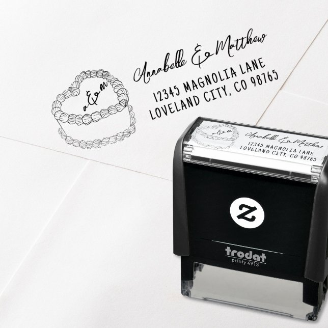 Vintage tårthandritad vigsel returadress självfärgande stämpel (Vintage Cake Hand Drawn Wedding Return Address self-inking stamp)