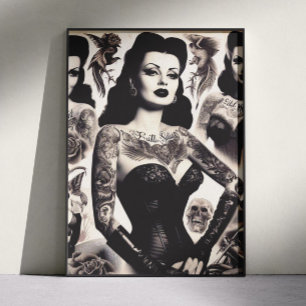 Vintage Tatoverad Goth Kvinna Collage Poster