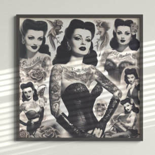 Vintage Tatoverad Goth Kvinna Collage Poster