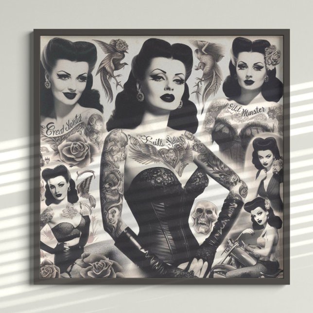 Vintage Tatoverad Goth Kvinna Collage Poster (Skapare uppladdad)