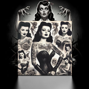 Vintage Tatoverad Gothkvinna Collage Kakelplatta