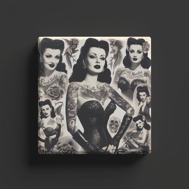 Vintage Tatoverad Gothkvinna Collage Stenunderlägg (Skapare uppladdad)