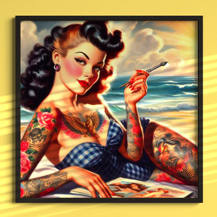 Vintage Tattoed Beach Pin-up Poster