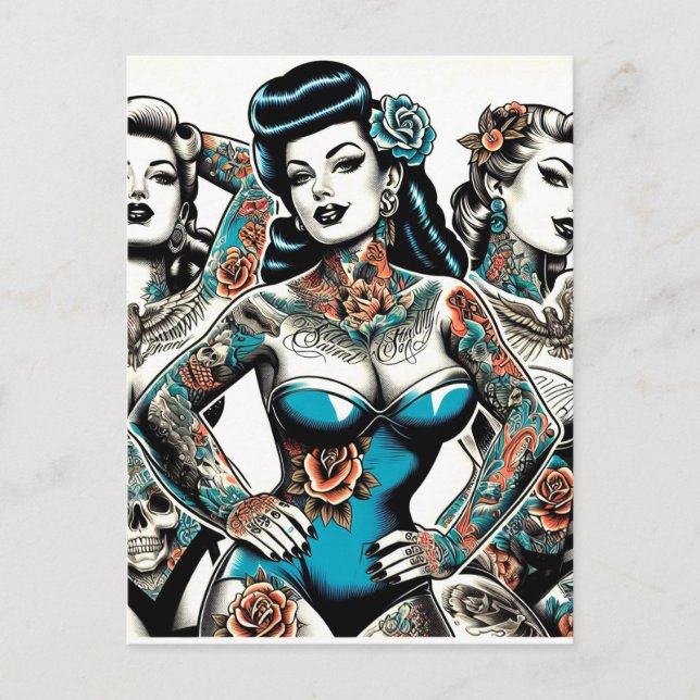 Vintage Tattoo Girls Vykort (Framsida)