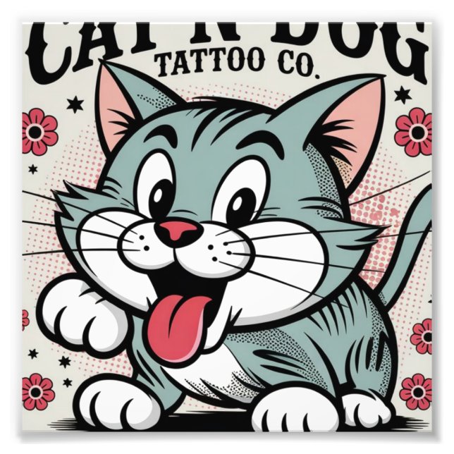 Vintage Tattoo-Stil Cat Illustration Fototryck (Framsidan)