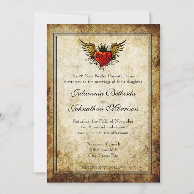 Vintage Tattoo Winged Heart Wedding bjudande Inbjudningar (Framsida)