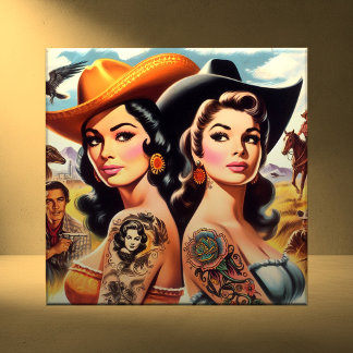 Vintage Tattooed Cowgirls Kakelplatta