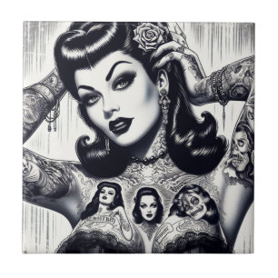 Vintage Tattooed Goth Girl Kakelplatta