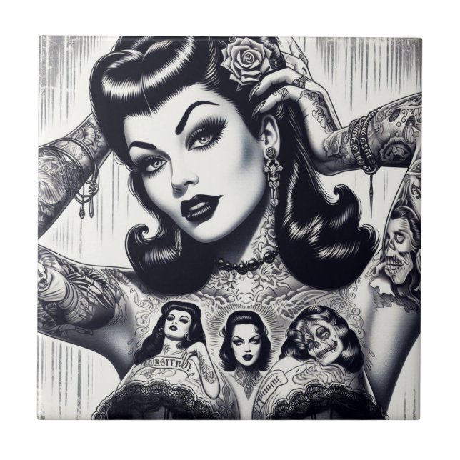 Vintage Tattooed Goth Girl Kakelplatta (Framsidan)