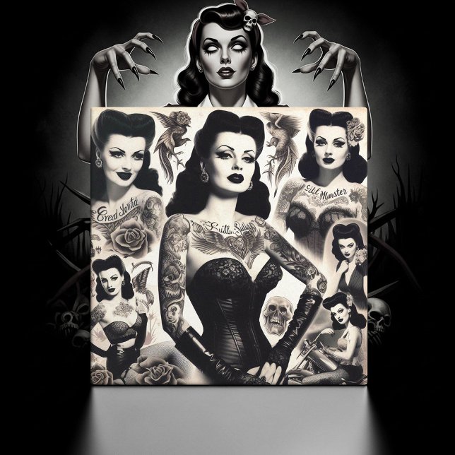 Vintage Tattooed Goth Woman Collage Kakelplatta (Skapare uppladdad)