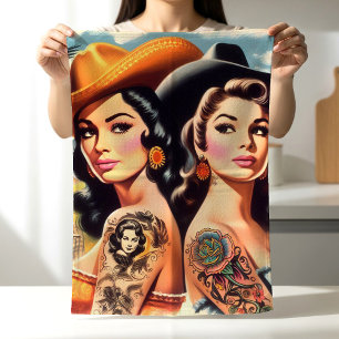 Vintage Tatuerade Cowgirls Kökshandduk