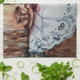 Vintage te kopp på vit snöre linen kökshandduk