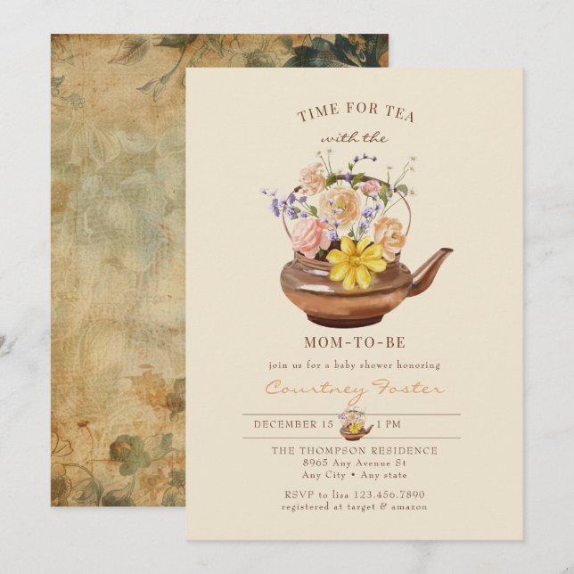 Vintage Tea | Babykläder för vattenfärg-Blommigt Inbjudningar (Fram/baksida)