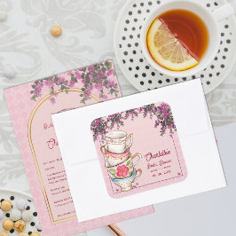 Vintage Tea Cups Stacked Floral Pink Bridal Shower Fyrkantigt Klistermärke