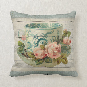 Vintage Tea Kopp med Pillow Rosor Shabby chic Kudde