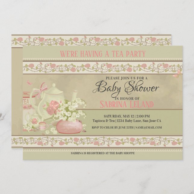 Vintage Tea Party Baby Shower Inbjudningar (Fram/baksida)